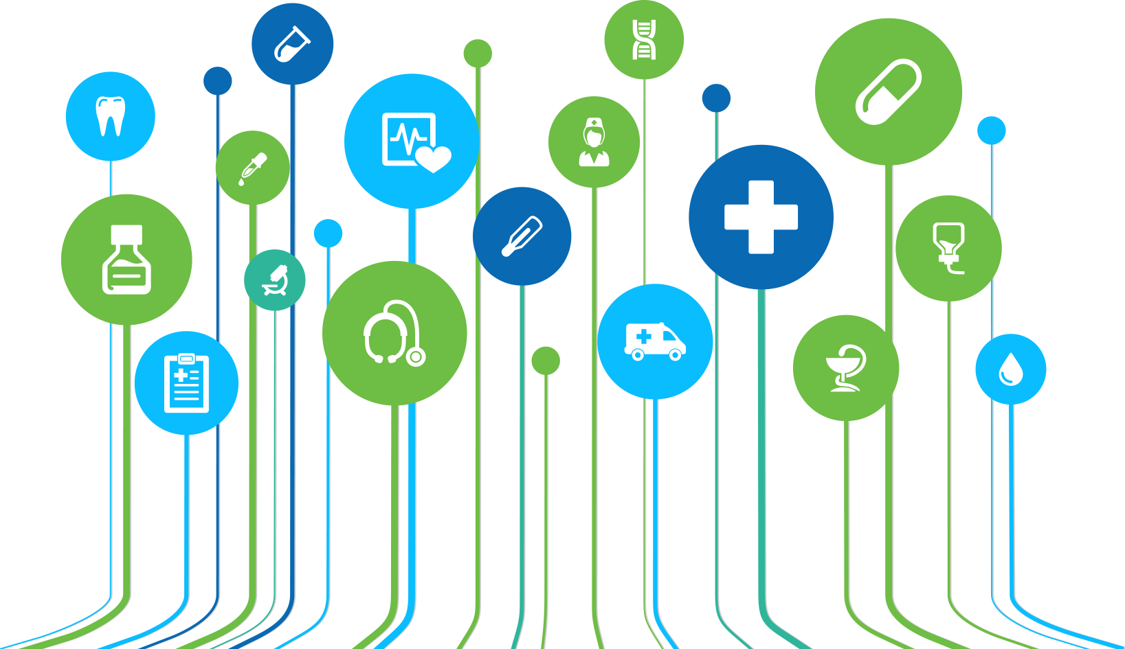 Abstract graphic element representing medical services with icons of various medical services.